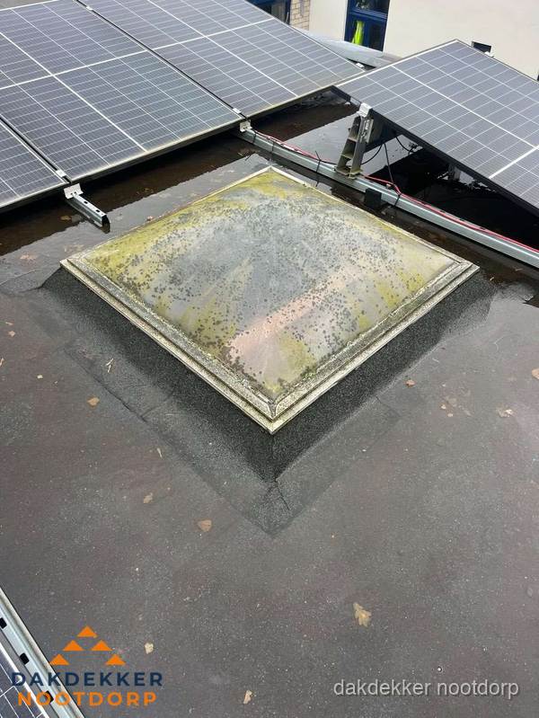 Vervuilde lichtkoepel op plat dak met zonnepanelen in Nootdorp Vervuilde lichtkoepel op plat dak met zonnepanelen in Nootdorp